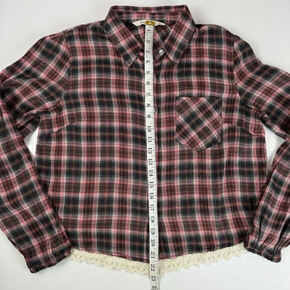Vanilla Star Button Up Shirt Womens Size LARGE Plaid Lace Trim Collared - Picture 7 of 10